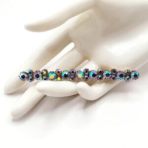 Vintage Aurora Borealis Rhinestone Bar Pin, Gold Plated Backing, Prong Set